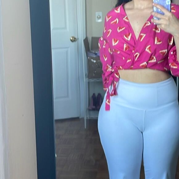 Color me Courtney Emily wrap top bubble 3/4th sleeve watermelon print blouse - Picture 4 of 8